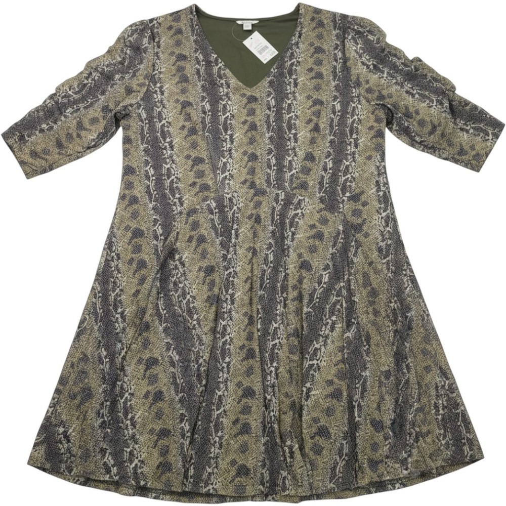 Cato Womens Plus 18/20W Snakeskin Print V-Neck Ruched Sleeve Fit & Flare Dress
